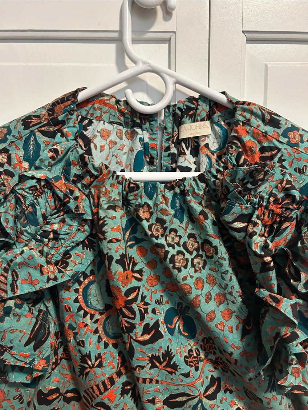 Ulla Johnson Teal Floral Ruffle Blouse with Rust Accents - Picture 1 of 6
